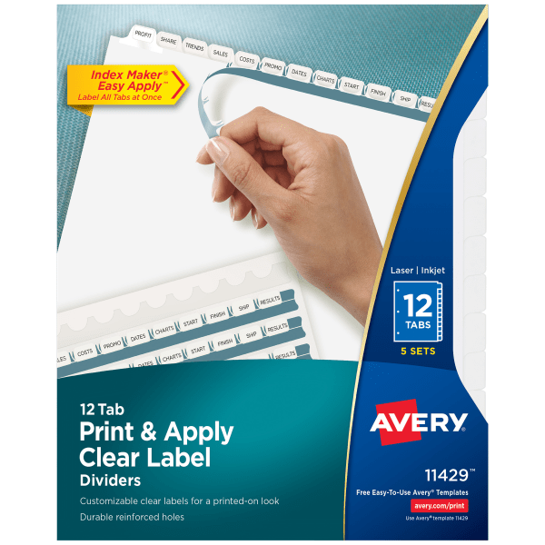 slide 1 of 6, Avery 12-Tab Print & Apply Clear Label Dividers, 5 ct