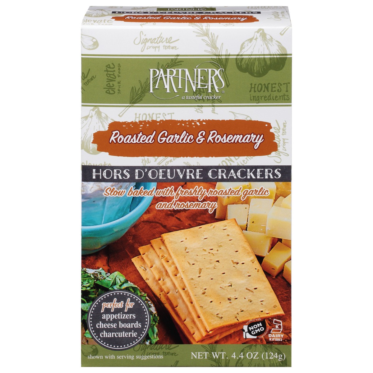 slide 1 of 9, Partners Hors D'oeure Roasted Garlic & Rosemary Crackers 4.4 oz, 4.4 oz