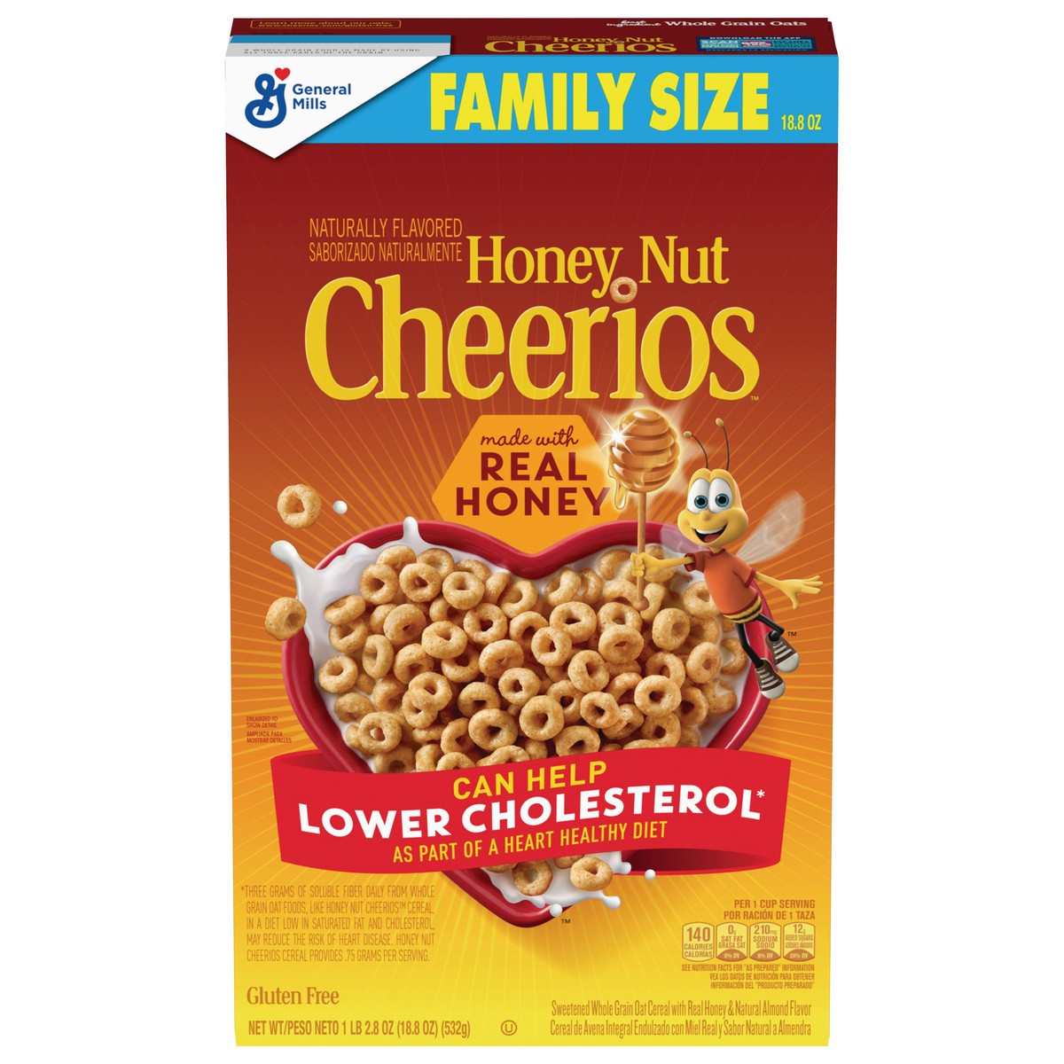 slide 1 of 9, Cheerios Honey Nut Cheerios Heart Healthy Breakfast Cereal, Gluten Free Cereal With Whole Grain Oats, Family Size, 18.8oz, 18.8 oz