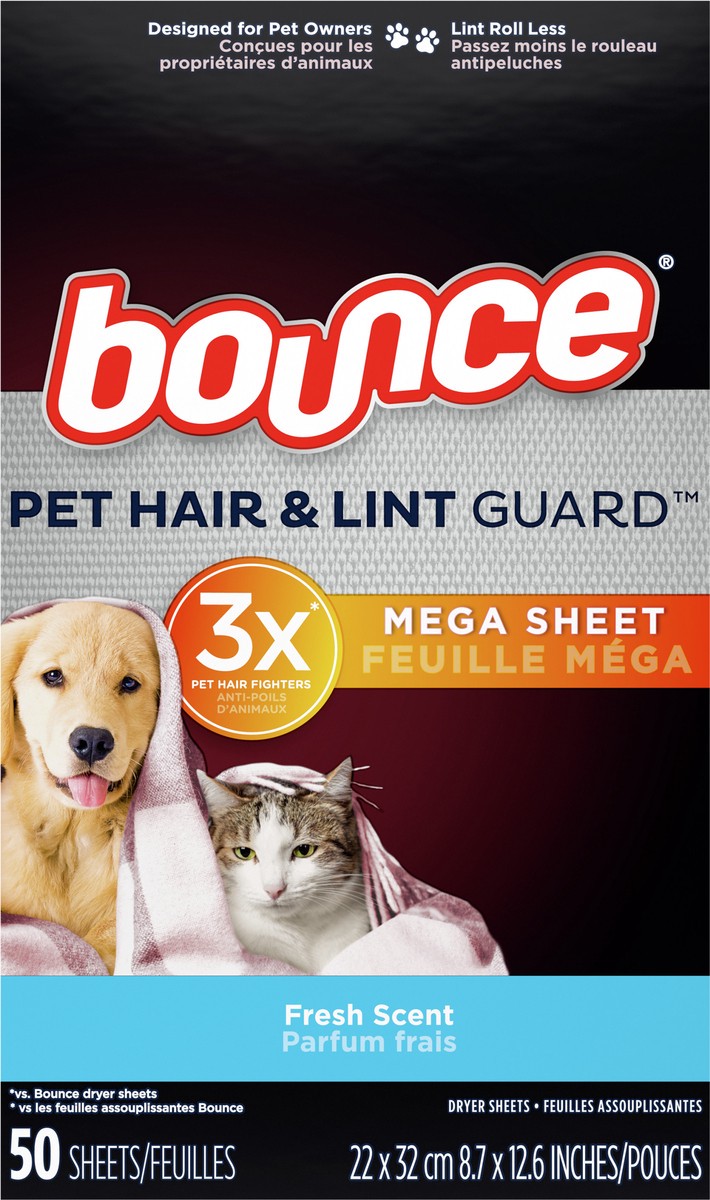 slide 4 of 9, Bounce Pet Hair and Lint Guard Mega Dryer Sheets with 3X Pet Hair Fighters, Fresh Scent, 50 Count, 50 ct