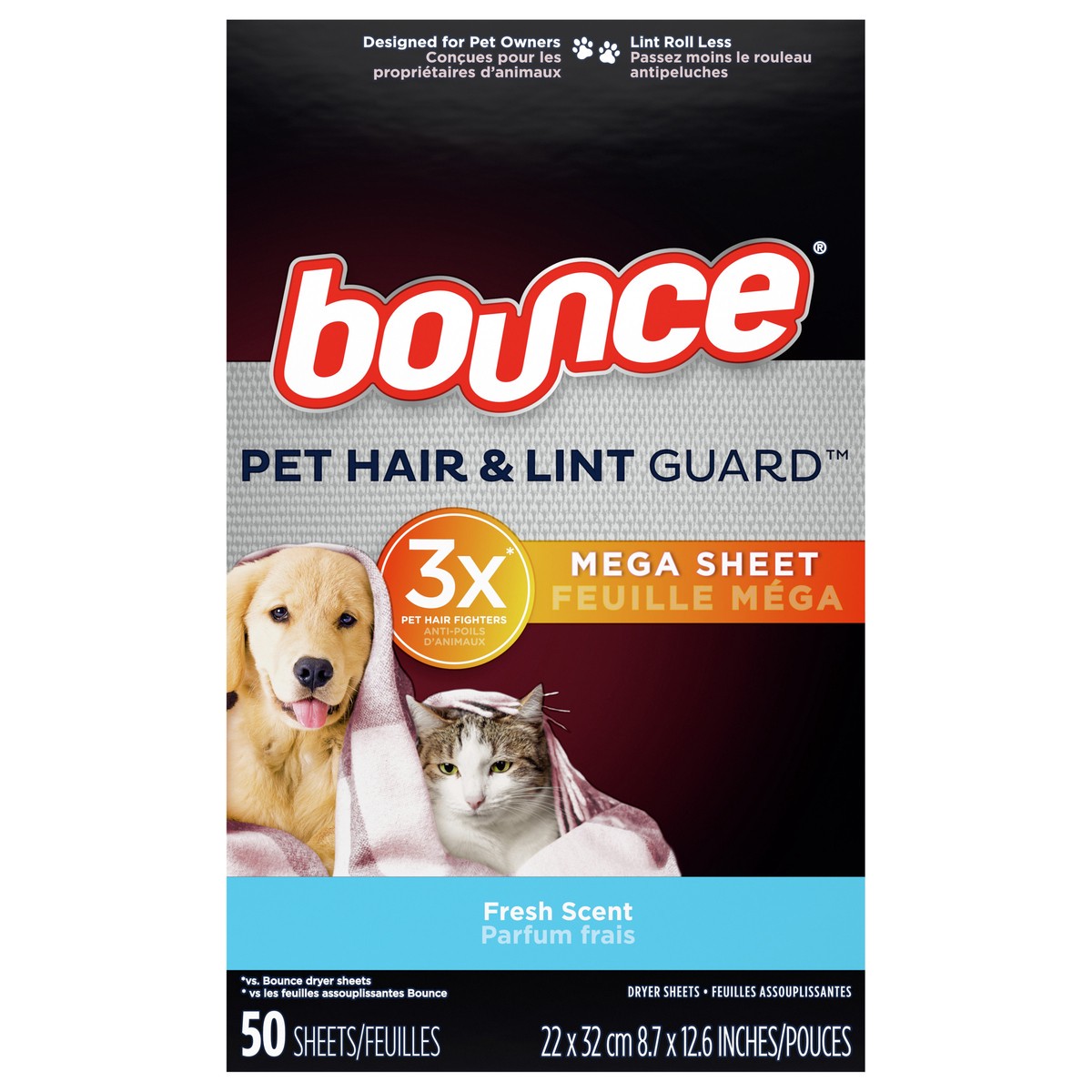 slide 7 of 9, Bounce Pet Hair and Lint Guard Mega Dryer Sheets with 3X Pet Hair Fighters, Fresh Scent, 50 Count, 50 ct