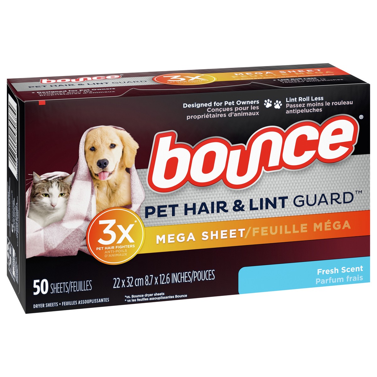 slide 3 of 9, Bounce Pet Hair and Lint Guard Mega Dryer Sheets with 3X Pet Hair Fighters, Fresh Scent, 50 Count, 50 ct