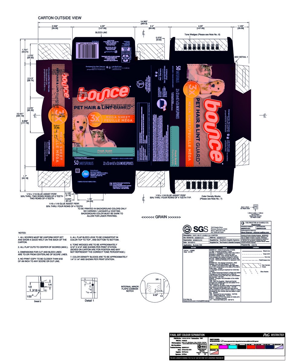 slide 5 of 9, Bounce Pet Hair and Lint Guard Mega Dryer Sheets with 3X Pet Hair Fighters, Fresh Scent, 50 Count, 50 ct