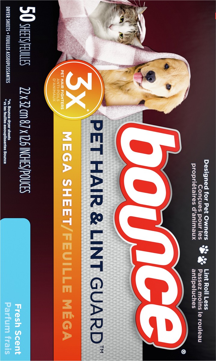 slide 2 of 9, Bounce Pet Hair and Lint Guard Mega Dryer Sheets with 3X Pet Hair Fighters, Fresh Scent, 50 Count, 50 ct