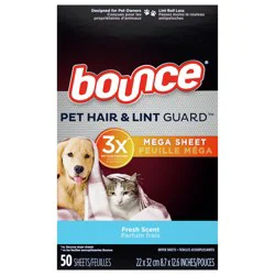 Bounce Pet Hair and Lint Guard Mega Dryer Sheets with 3X Pet Hair Fighters, Fresh Scent, 50 Count