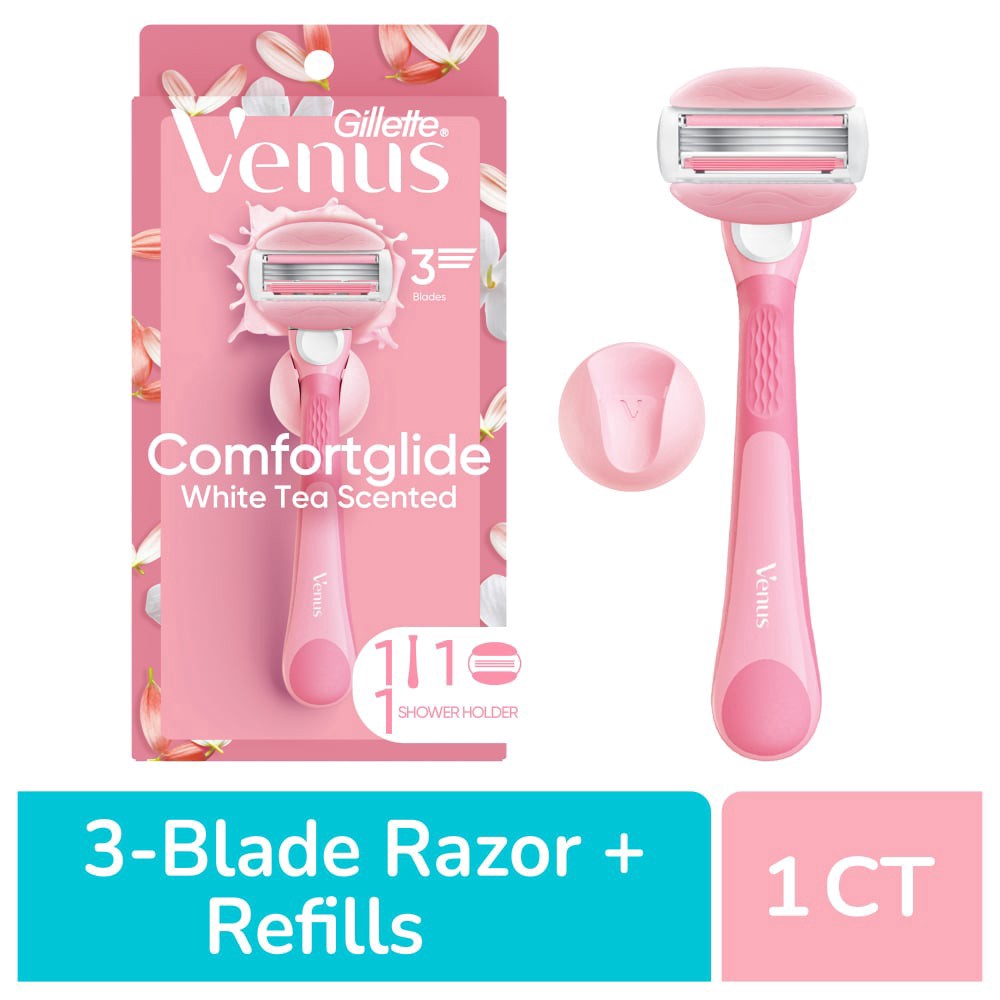 slide 1 of 6, Venus Comfortglide Women's Razor White Tea with Reusable Razor Handle, 1 Refill and Shower Holder, 1 ct