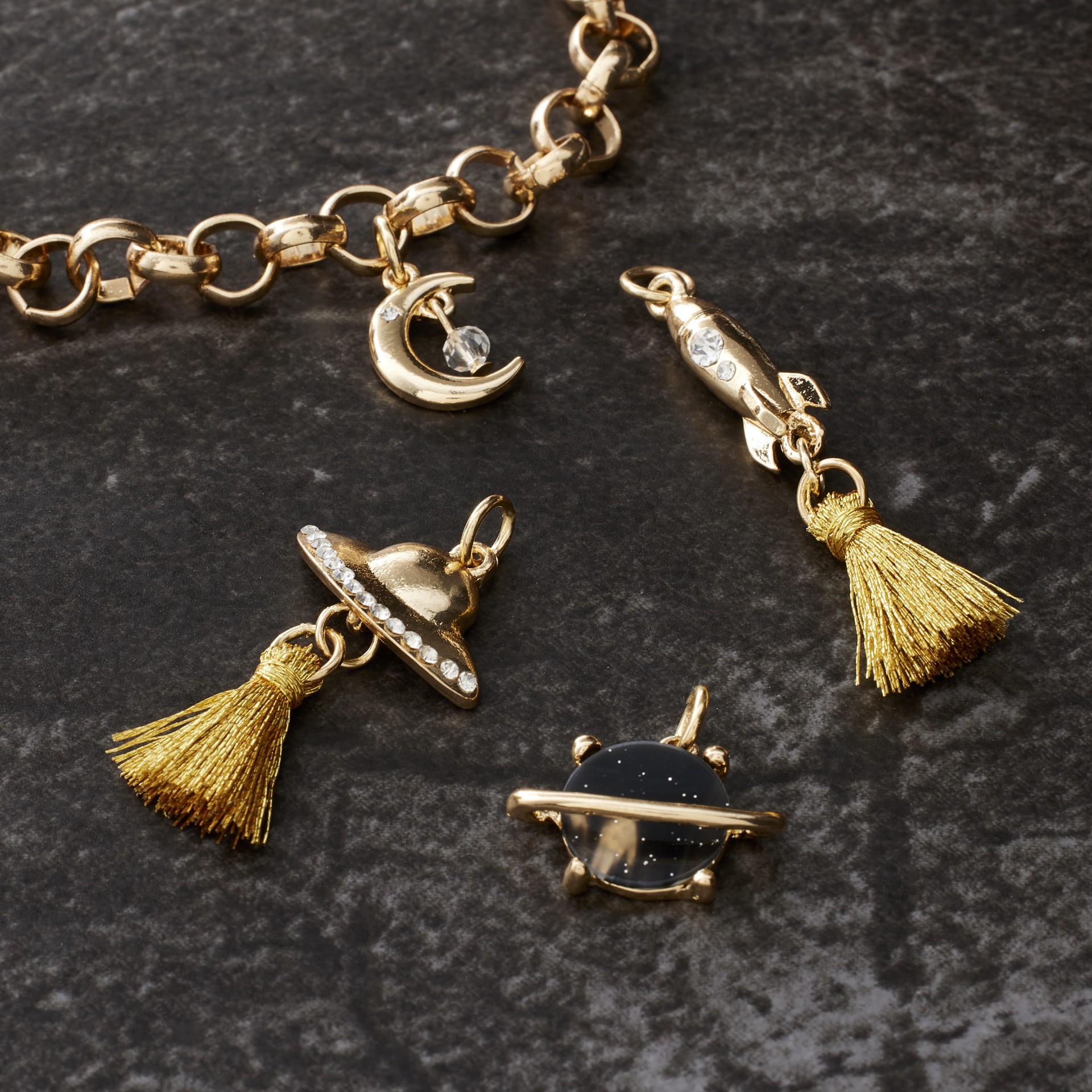 slide 3 of 3, Gold Metal Outer Space Charm Mix By Bead Landing, 5.66mm to 47.73mm charm size