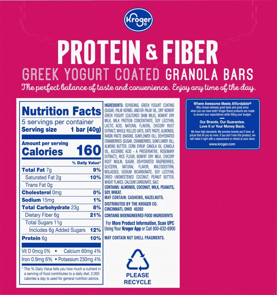 slide 3 of 5, Kroger Protein & Fiber Raspberry Vanilla Greek Yogurt Coated Granola Bars, 5 ct; 1.41 oz