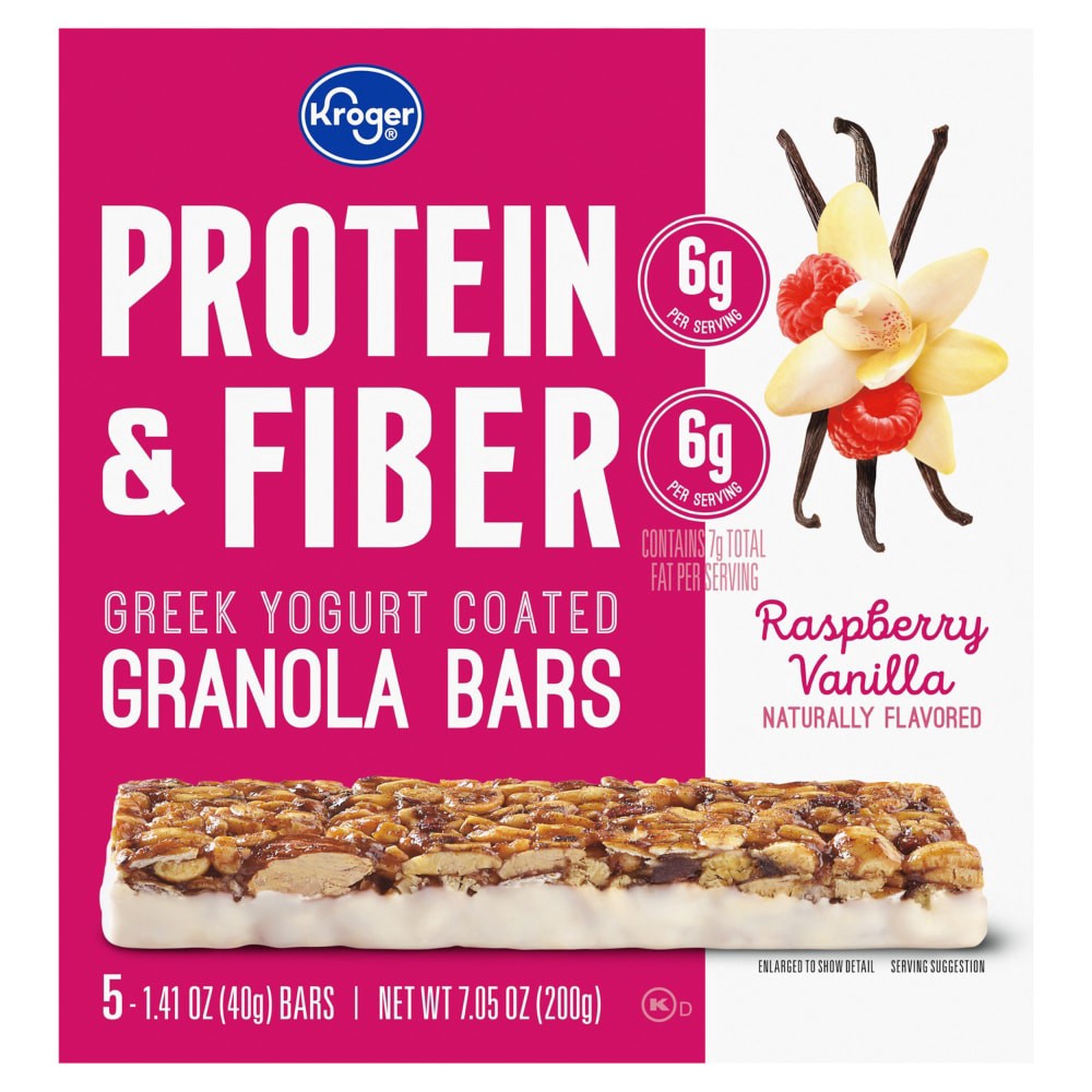 slide 1 of 5, Kroger Protein & Fiber Raspberry Vanilla Greek Yogurt Coated Granola Bars, 5 ct; 1.41 oz