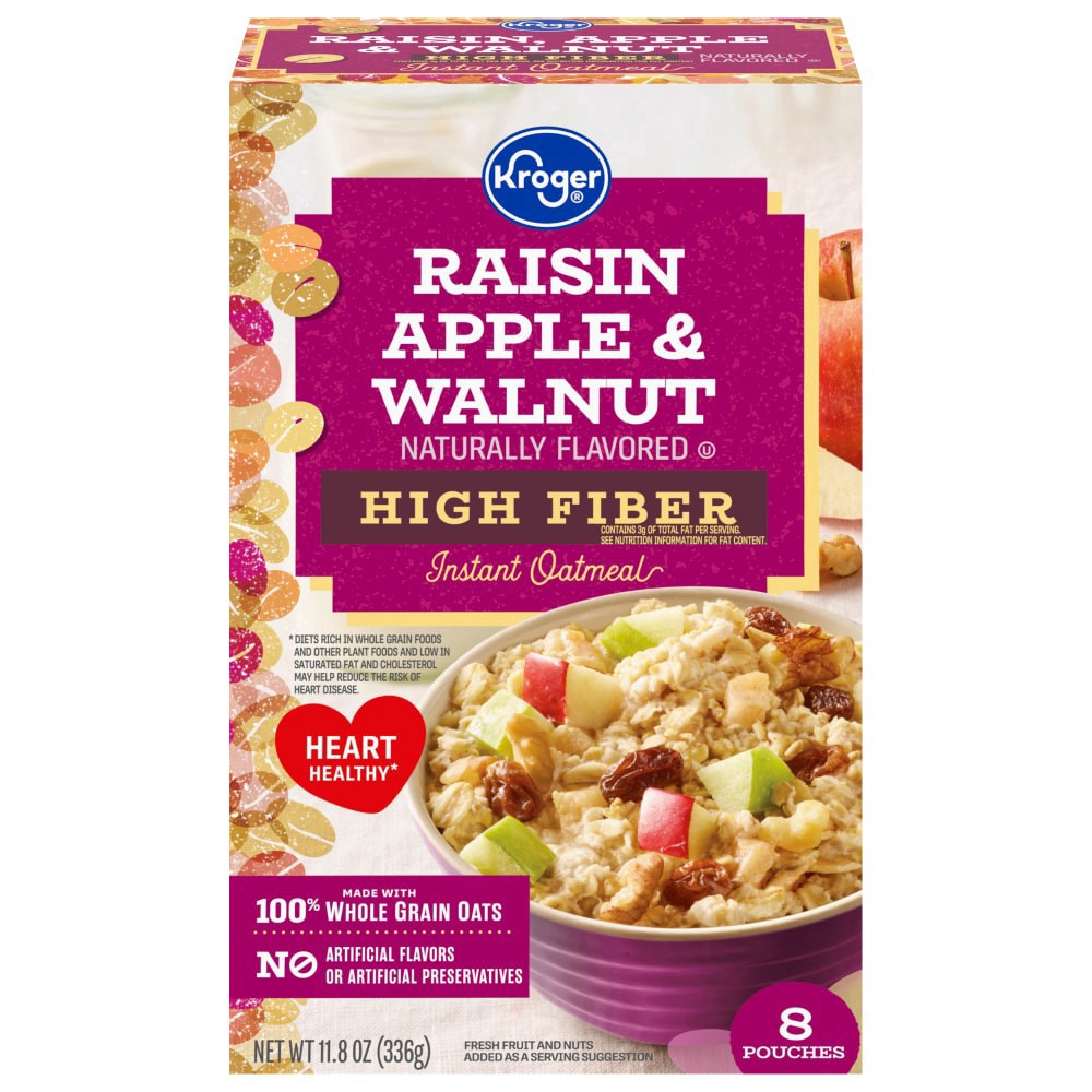 slide 1 of 4, Kroger® Raisin Apple & Walnut High Fiber Instant Oatmeal, 8 ct / 11.8 oz