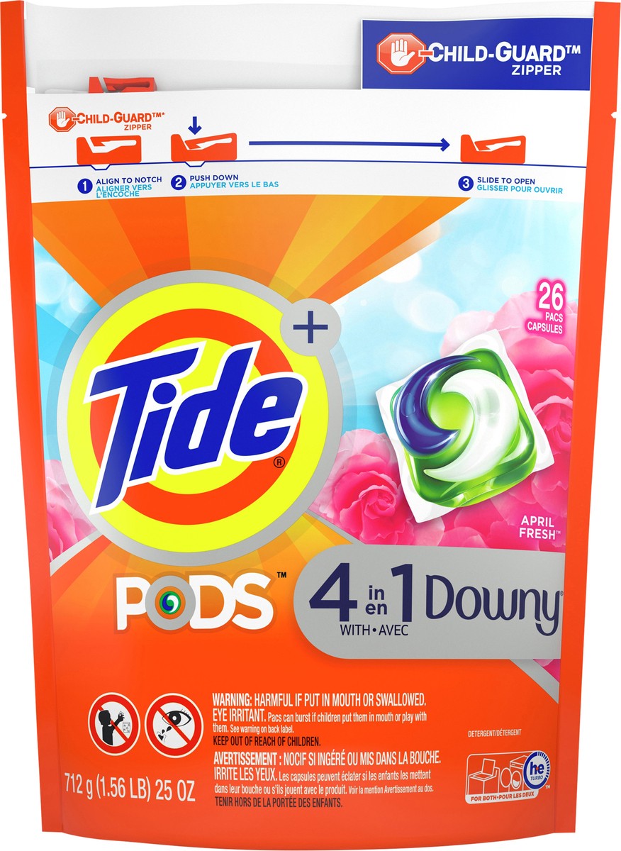 slide 3 of 4, Tide + Pods Pacs 4 in 1 with Downy April Fresh Detergent 26 ea, 26 ct