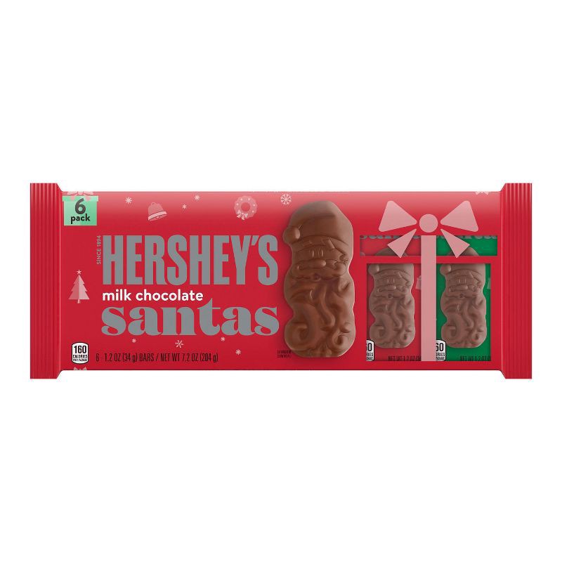 slide 1 of 8, Hershey's Milk Chocolate Santas, Christmas Candy Pack, 1.2 oz (6 Pieces), 1.2 oz