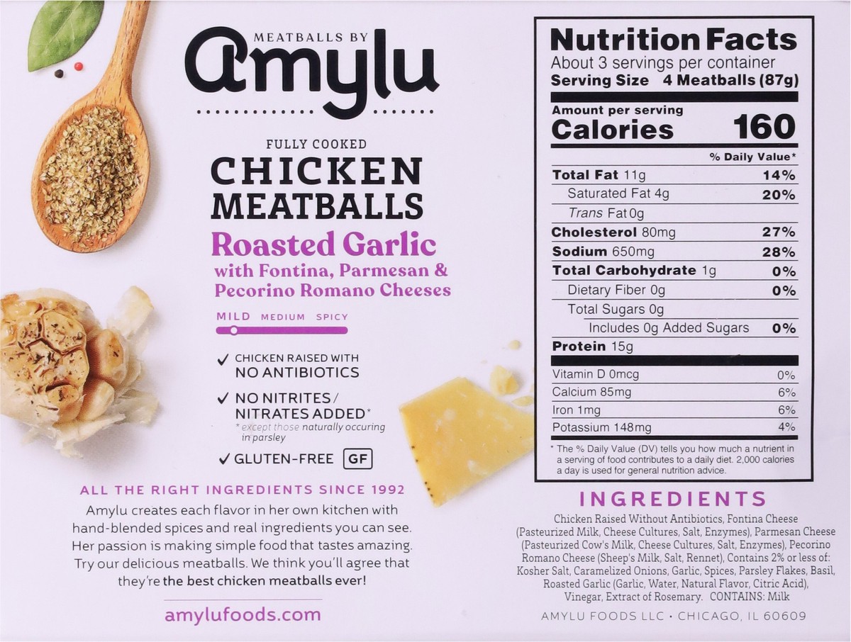 slide 2 of 13, Amylu Foods Roasted Garlic Chicken Meatballs 10 oz, 10 oz