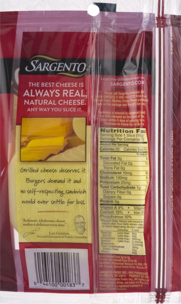 slide 3 of 9, Sargento Sliced Reduced Fat Provolone Natural Cheese with Natural Smoke Flavor, 10 Slices, 10 ct