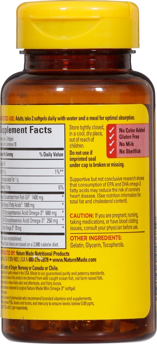 slide 4 of 9, Nature Made Extra Strength Burp Less Omega 3 Fish Oil 1400 mg Minis, Fish Oil Supplements as Ethyl Esters for Healthy Heart, Brain and Eyes Support, Omega 3 Supplement, 60 Softgels, 30 Day Supply, 60 ct