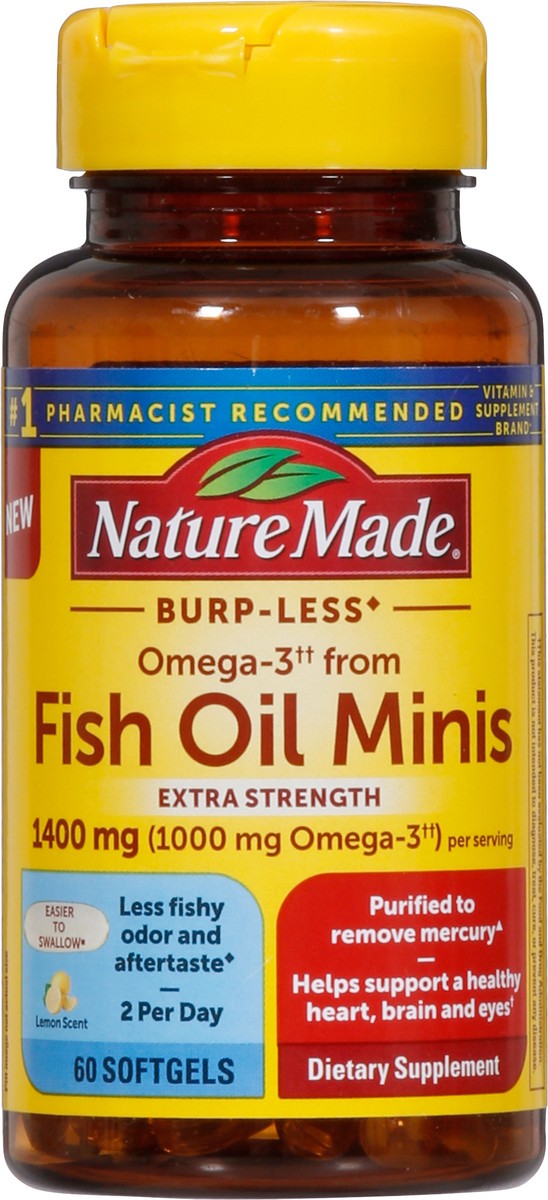 slide 9 of 9, Nature Made Extra Strength Burp Less Omega 3 Fish Oil 1400 mg Minis, Fish Oil Supplements as Ethyl Esters for Healthy Heart, Brain and Eyes Support, Omega 3 Supplement, 60 Softgels, 30 Day Supply, 60 ct