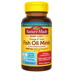 Nature Made Extra Strength Burp Less Fish Oil Omega 3 Supplements 1400 mg Minis, Omega 3 Fish Oil as Ethyl Esters for Healthy Heart Brain Eyes Support, 60 Softgels, 30 Day Supply