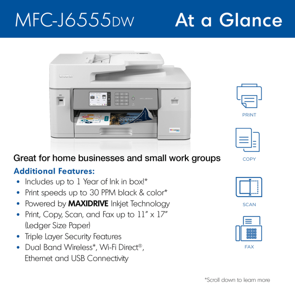 slide 2 of 7, Brother Inkvestment Tank Mfc-J6555Dw Color Inkjet All-In-One Printer With Ink, 1 ct