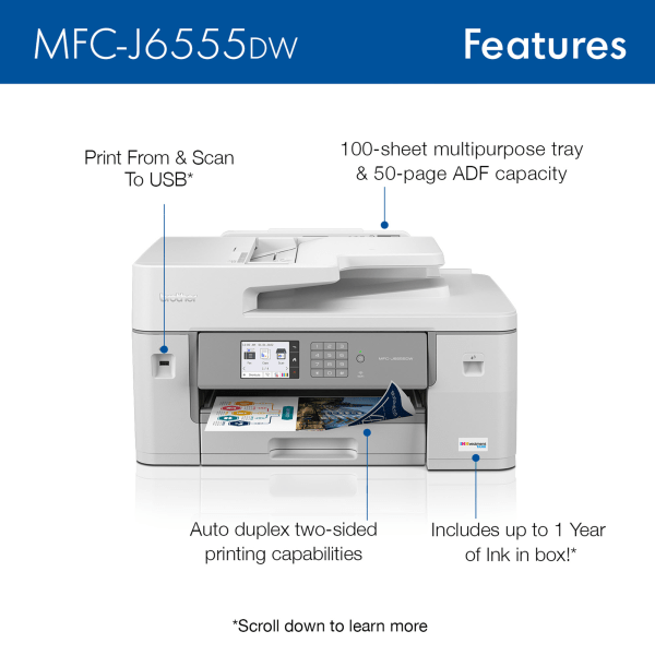 slide 3 of 7, Brother Inkvestment Tank Mfc-J6555Dw Color Inkjet All-In-One Printer With Ink, 1 ct