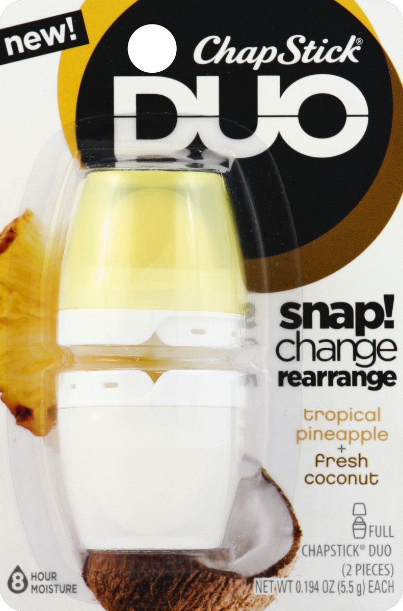 slide 2 of 2, ChapStick DUO Lip Balm 8 Hour Moisture Tropical Pineapple & Fresh Coconut Flavors, 0.4 oz