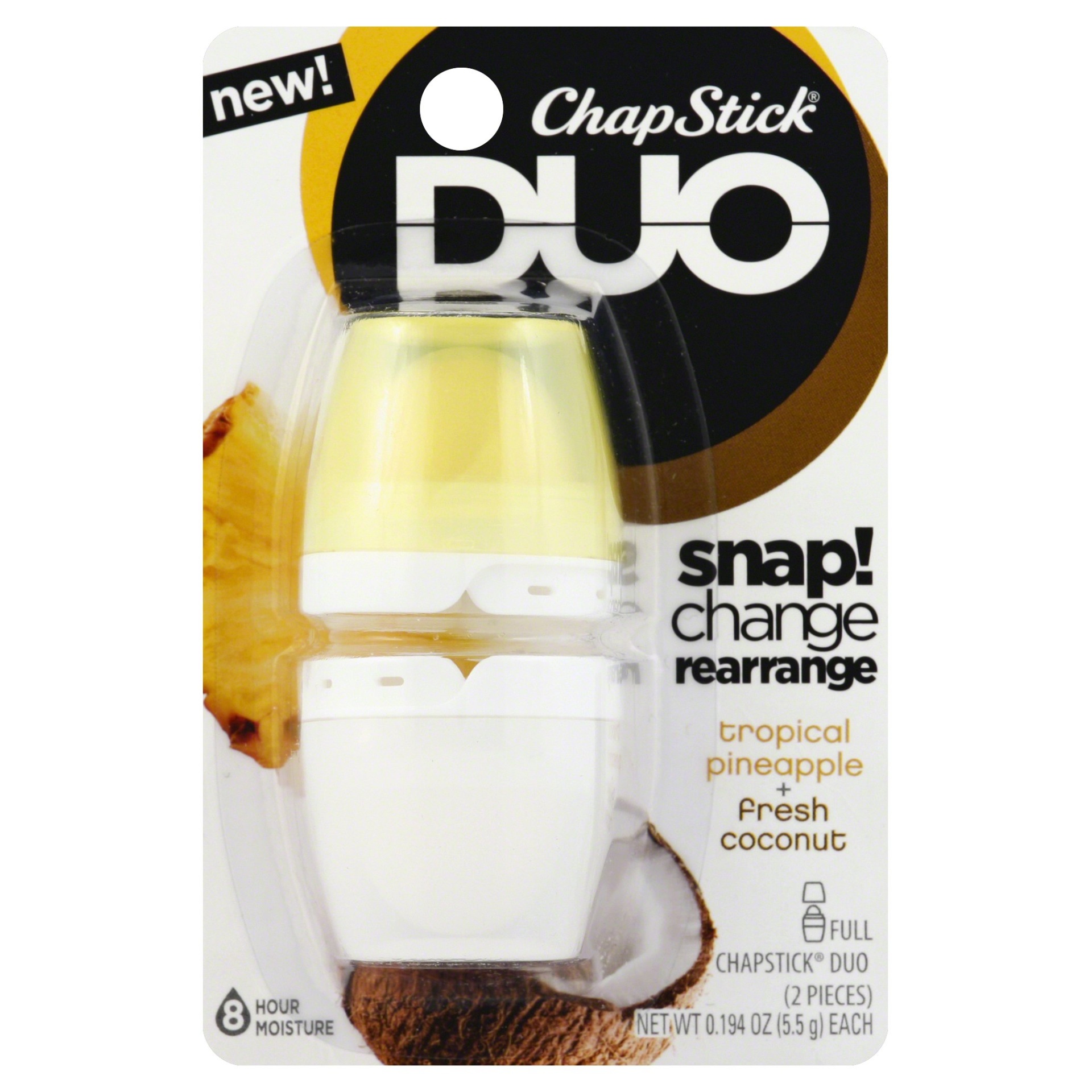 slide 1 of 2, ChapStick DUO Lip Balm 8 Hour Moisture Tropical Pineapple & Fresh Coconut Flavors, 0.4 oz