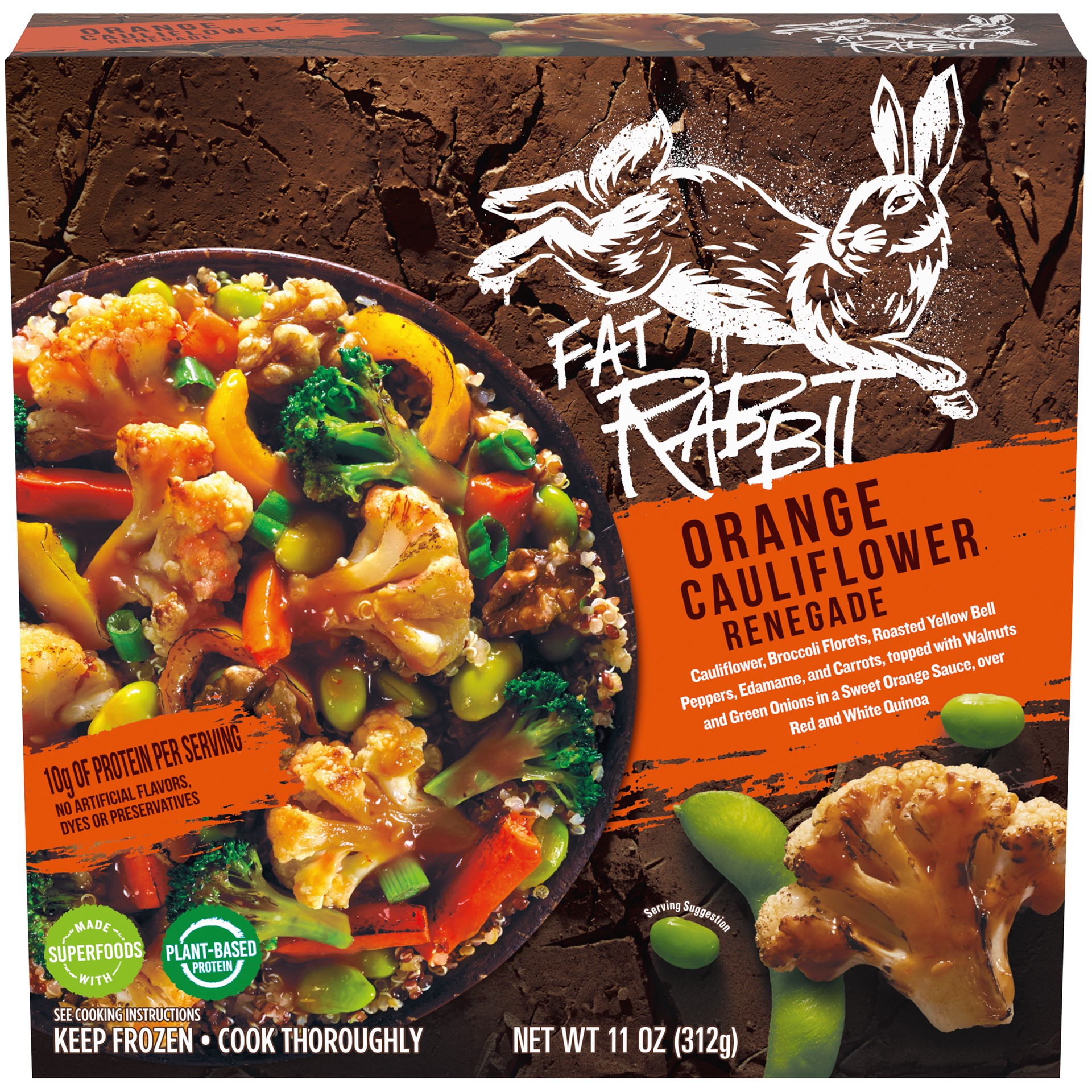 slide 1 of 9, Fat Rabbit Orange Cauliflower Renegade with Roasted Vegetables, Walnuts & Green Onions in Sweet Orange Sauce over Quinoa Frozen Meal, 11 oz Box, 11 oz