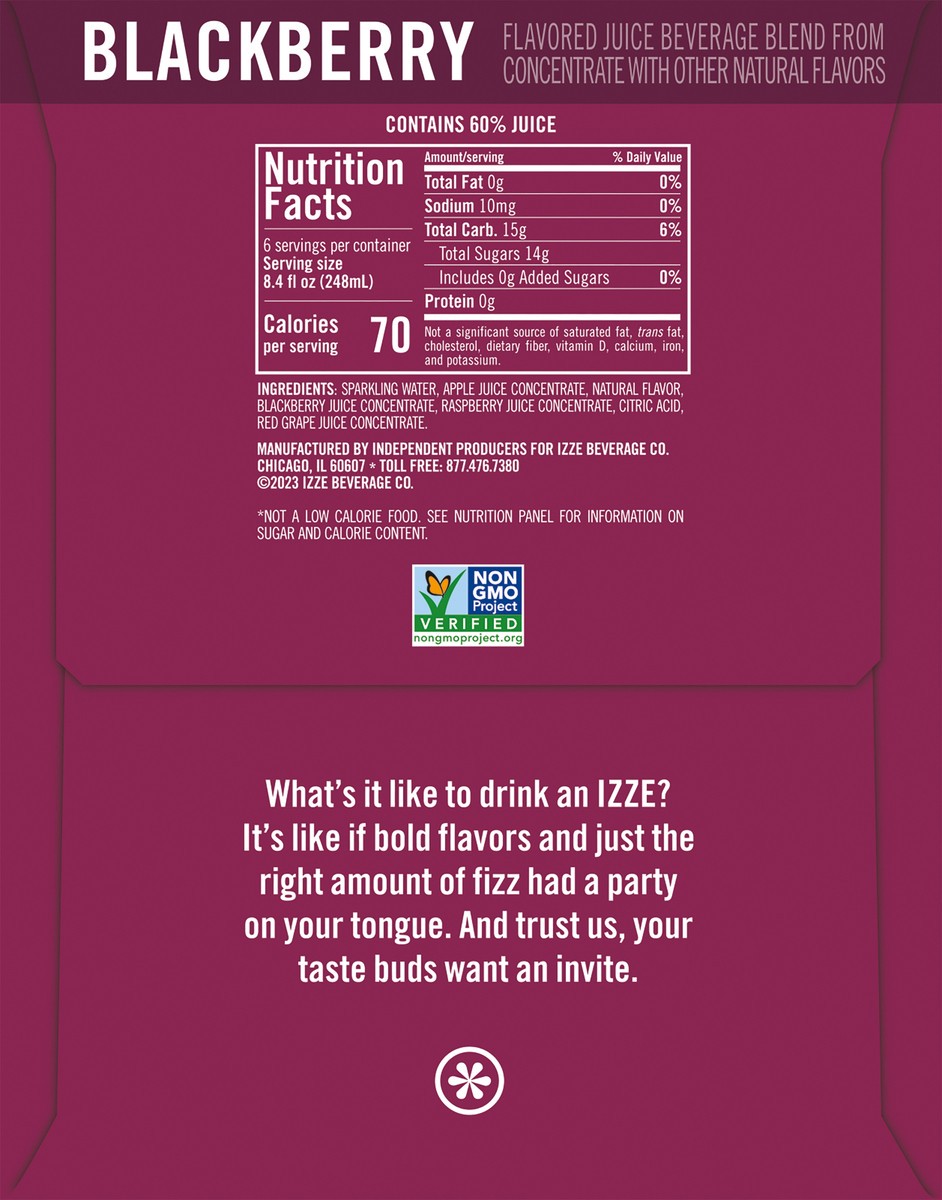 slide 8 of 10, IZZE Sparkling Juice Beverage Blend Blackberry 8.4 Fl Oz 6 Count, 6 ct