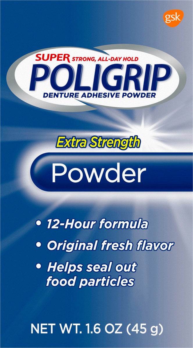 slide 11 of 11, Poligrip Super Poligrip Denture Adhesive Powder, Extra Strength - 1.6 Ounces, 1.6 oz