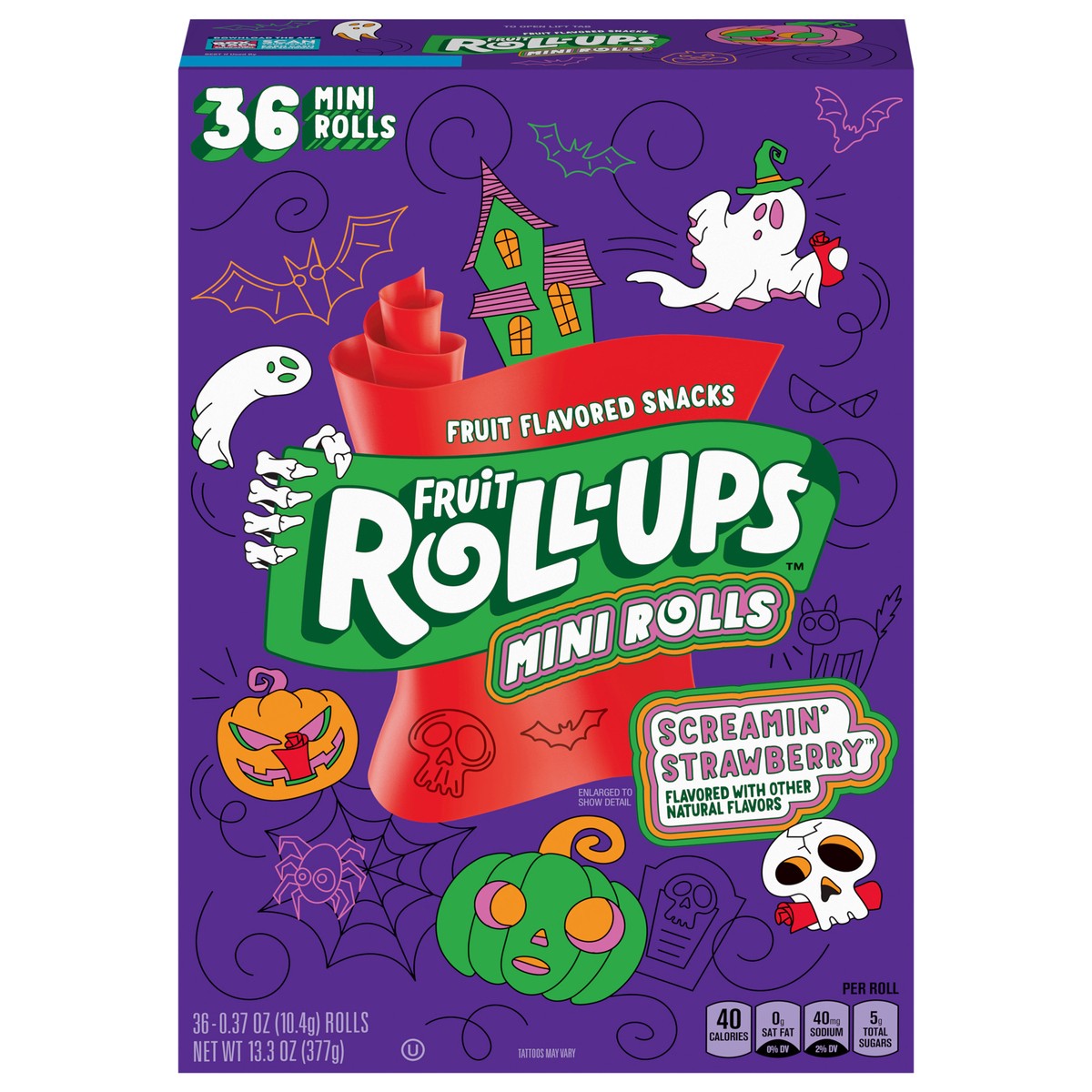 slide 1 of 9, Fruit Roll-Ups Fruit Flavored Kids Snacks, Screamin' Strawberry, Halloween Edition, 36 Mini Rolls, 13.3 oz, 36 ct