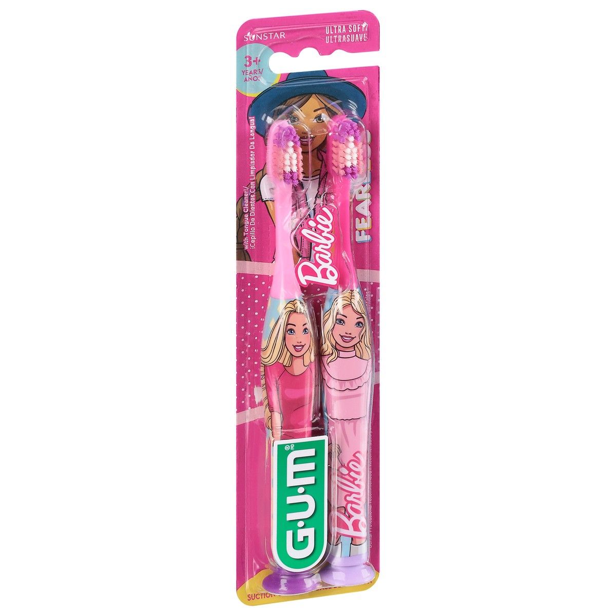 slide 3 of 9, G-U-M Barbie Toothbrush for Kids- Soft Bristled with Suction Cup Base, Ages 3+, 2 ct