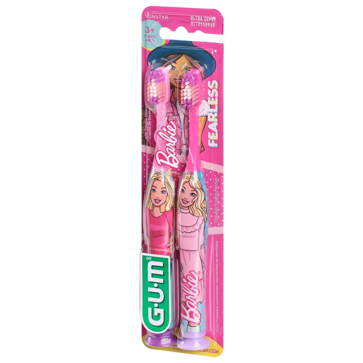 slide 9 of 9, G-U-M Barbie Toothbrush for Kids- Soft Bristled with Suction Cup Base, Ages 3+, 2 ct