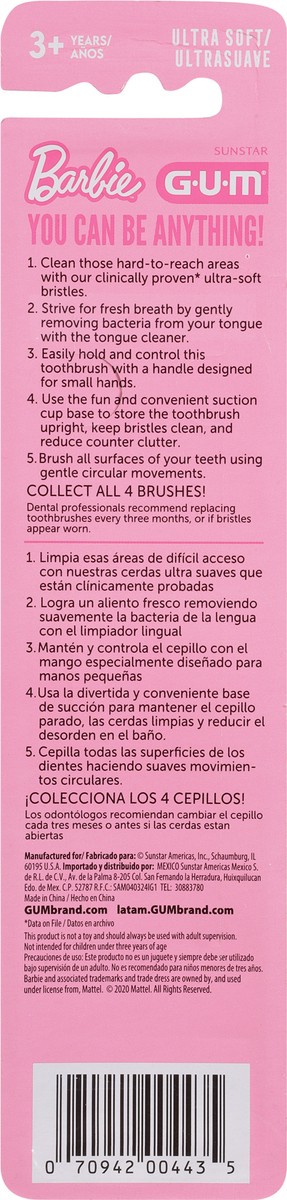 slide 6 of 9, G-U-M Barbie Toothbrush for Kids- Soft Bristled with Suction Cup Base, Ages 3+, 2 ct