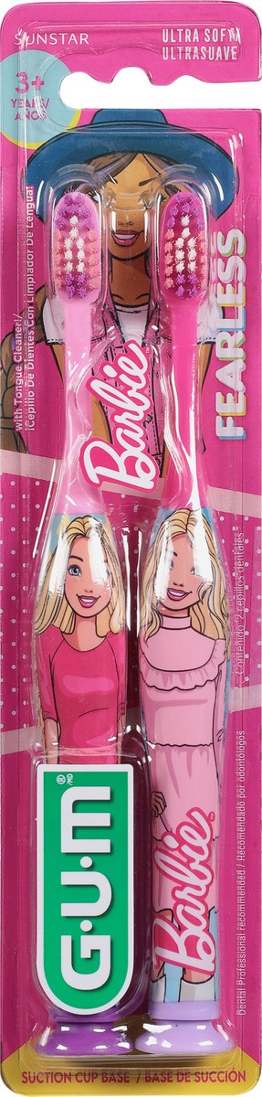 slide 4 of 9, G-U-M Barbie Toothbrush for Kids- Soft Bristled with Suction Cup Base, Ages 3+, 2 ct