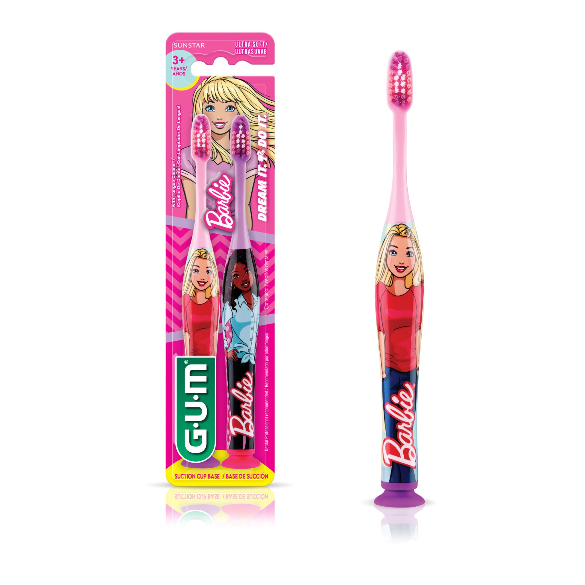 slide 1 of 9, G-U-M Barbie Toothbrush for Kids- Soft Bristled with Suction Cup Base, Ages 3+, 2 ct