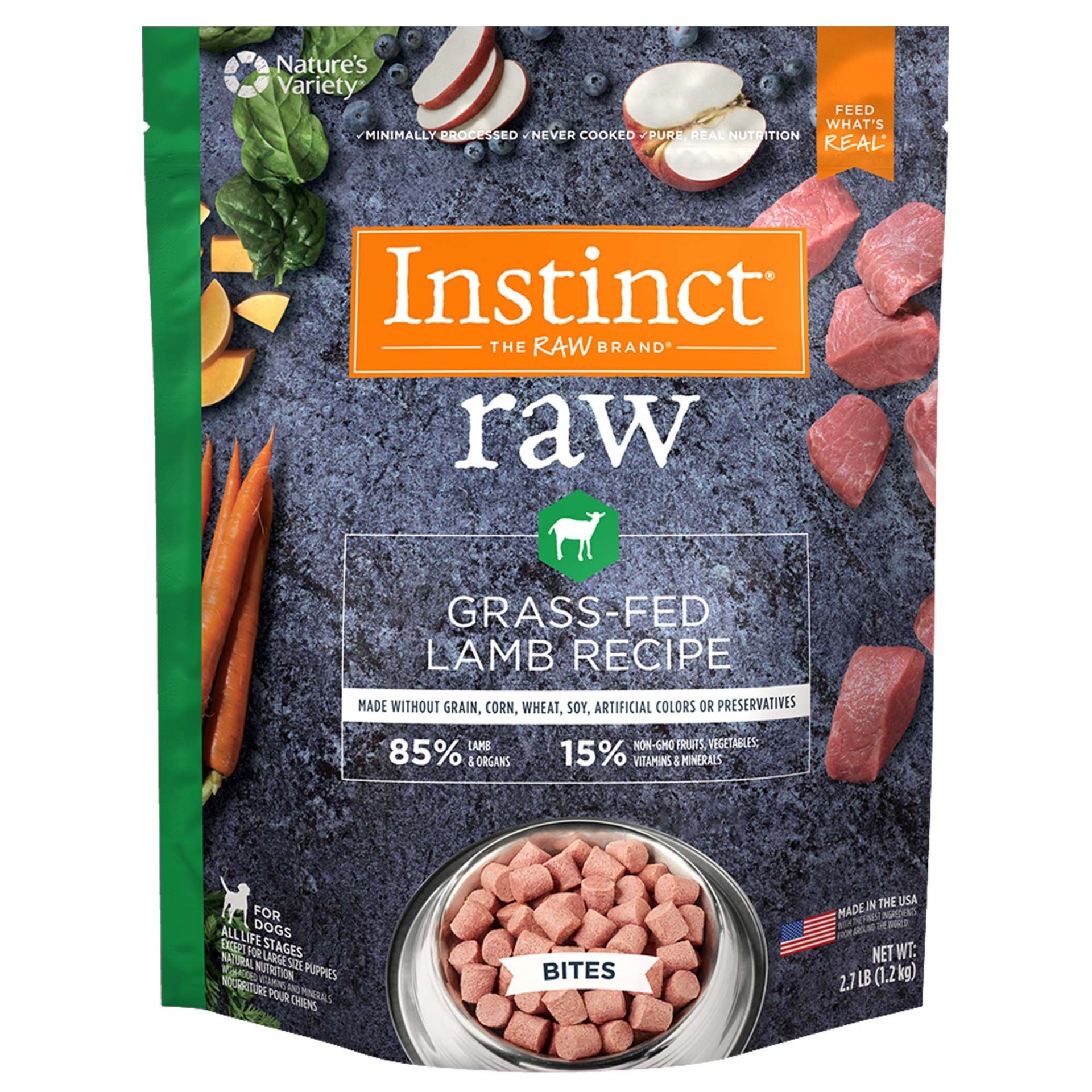 slide 1 of 1, Nature's Variety Instinct Frozen Raw Bites Grain-Free Grass Fed Lamb Recipe Natural Dog Food, 2.7 lb