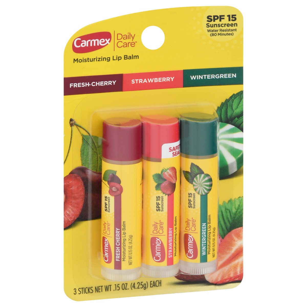 slide 4 of 9, Carmex Daily Care Sticks SPF 15 Moisturizing Fresh Cherry/Strawberry/Wintergreen Lip Balm Packed, Unspecified 3 ea, 3 ct