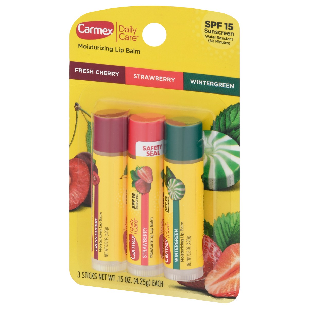 slide 9 of 9, Carmex Daily Care Sticks SPF 15 Moisturizing Fresh Cherry/Strawberry/Wintergreen Lip Balm Packed, Unspecified 3 ea, 3 ct