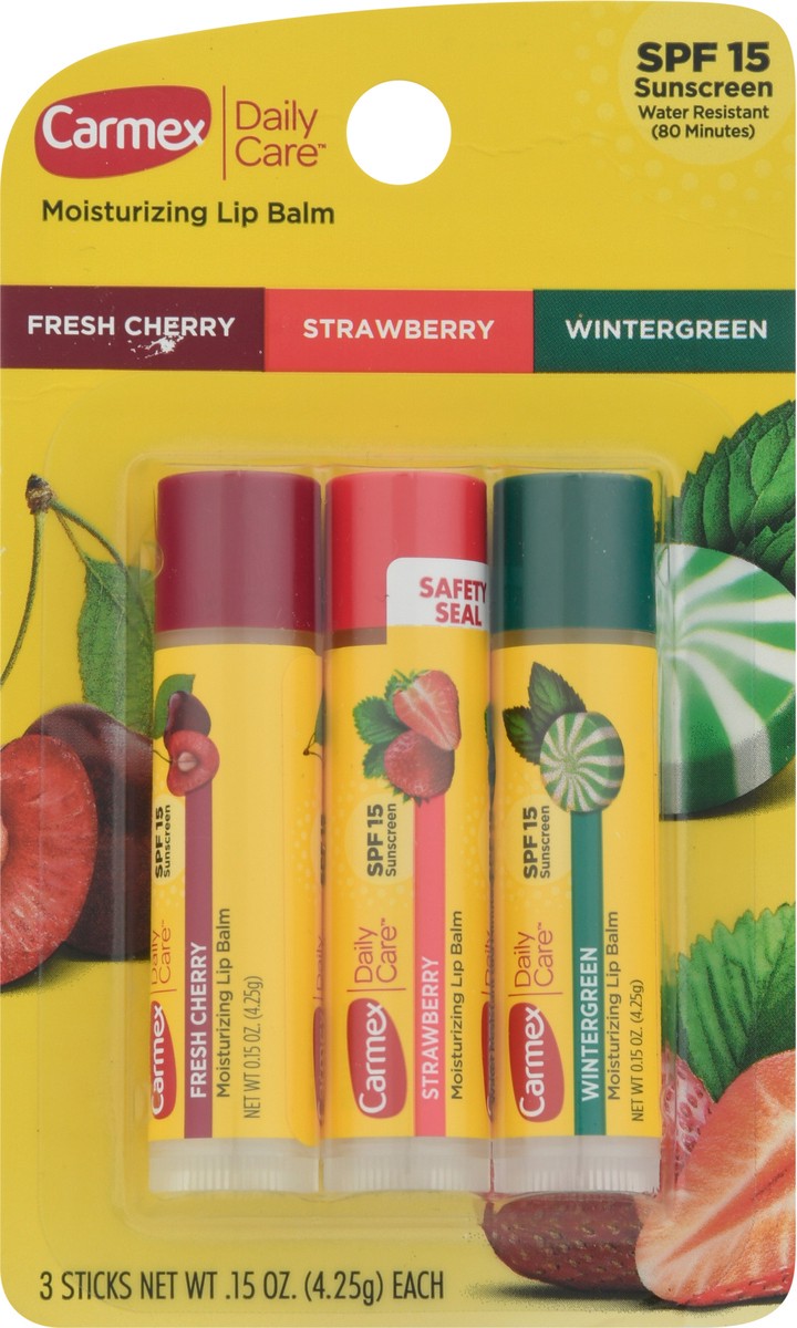 slide 8 of 9, Carmex Daily Care Sticks SPF 15 Moisturizing Fresh Cherry/Strawberry/Wintergreen Lip Balm Packed, Unspecified 3 ea, 3 ct