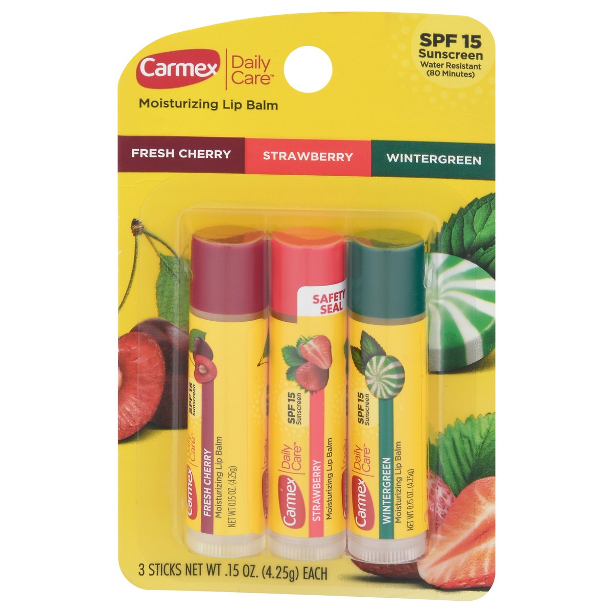 slide 1 of 9, Carmex Daily Care Sticks SPF 15 Moisturizing Fresh Cherry/Strawberry/Wintergreen Lip Balm Packed, Unspecified 3 ea, 3 ct