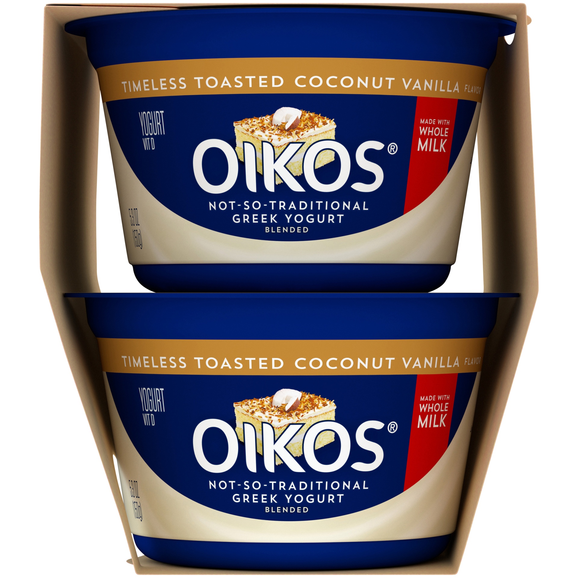 slide 2 of 4, Dannon Oikos Greek Traditional Blended Toasted Coconut Vanilla Yogurt, 4 ct; 5.3 oz