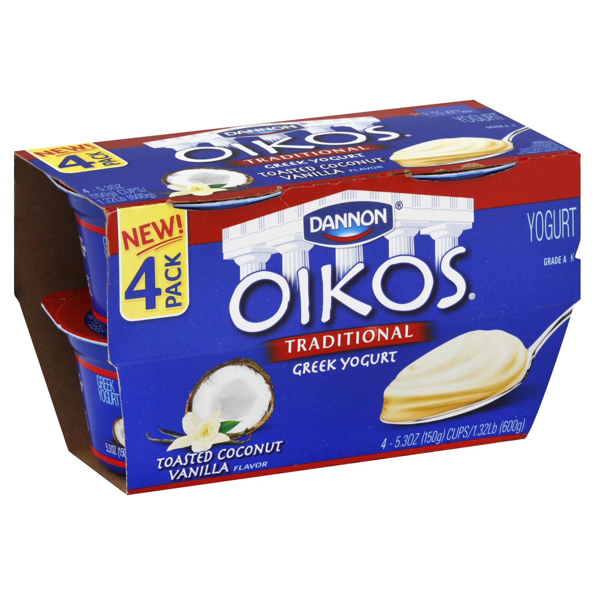 slide 1 of 4, Dannon Oikos Greek Traditional Blended Toasted Coconut Vanilla Yogurt, 4 ct; 5.3 oz
