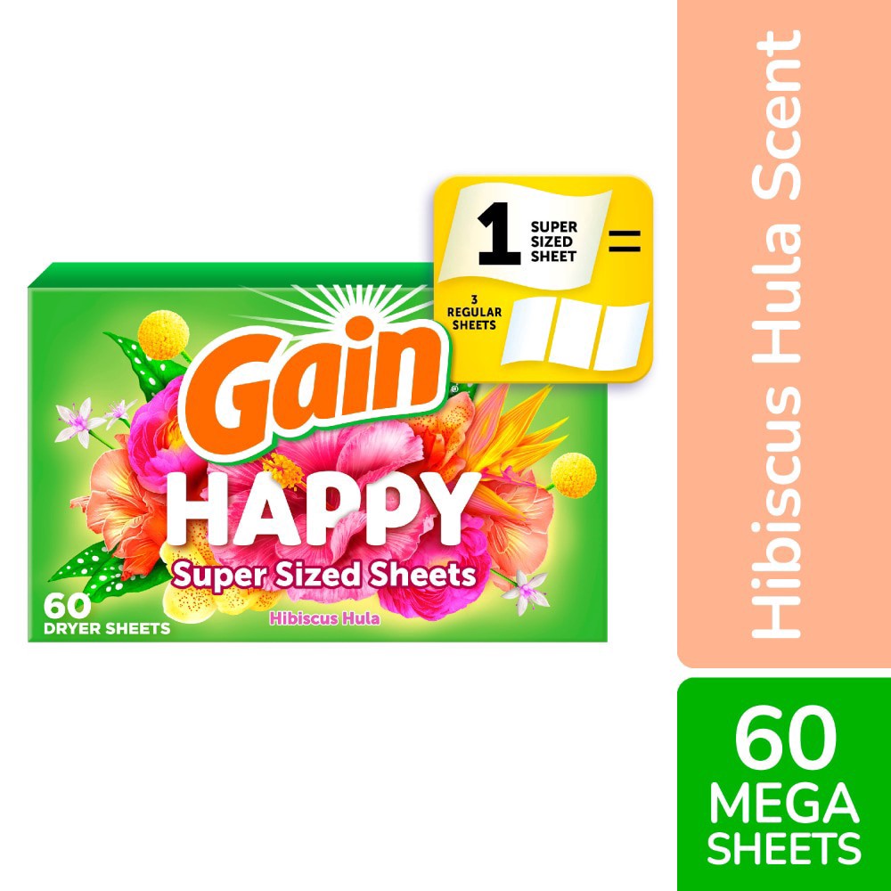 slide 2 of 6, Gain Super Sized Dryer Sheets, Laundry Fabric Softener, Happy, 60 Count, 60 ct