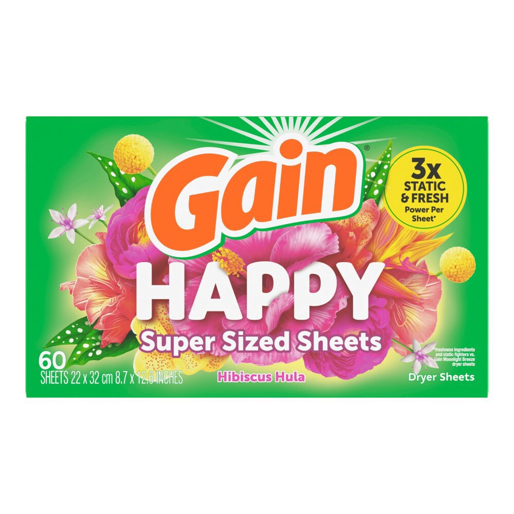 slide 6 of 6, Gain Super Sized Dryer Sheets, Laundry Fabric Softener, Happy, 60 Count, 60 ct