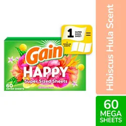 Gain Super Sized Dryer Sheets, Laundry Fabric Softener, Happy, 60 Count