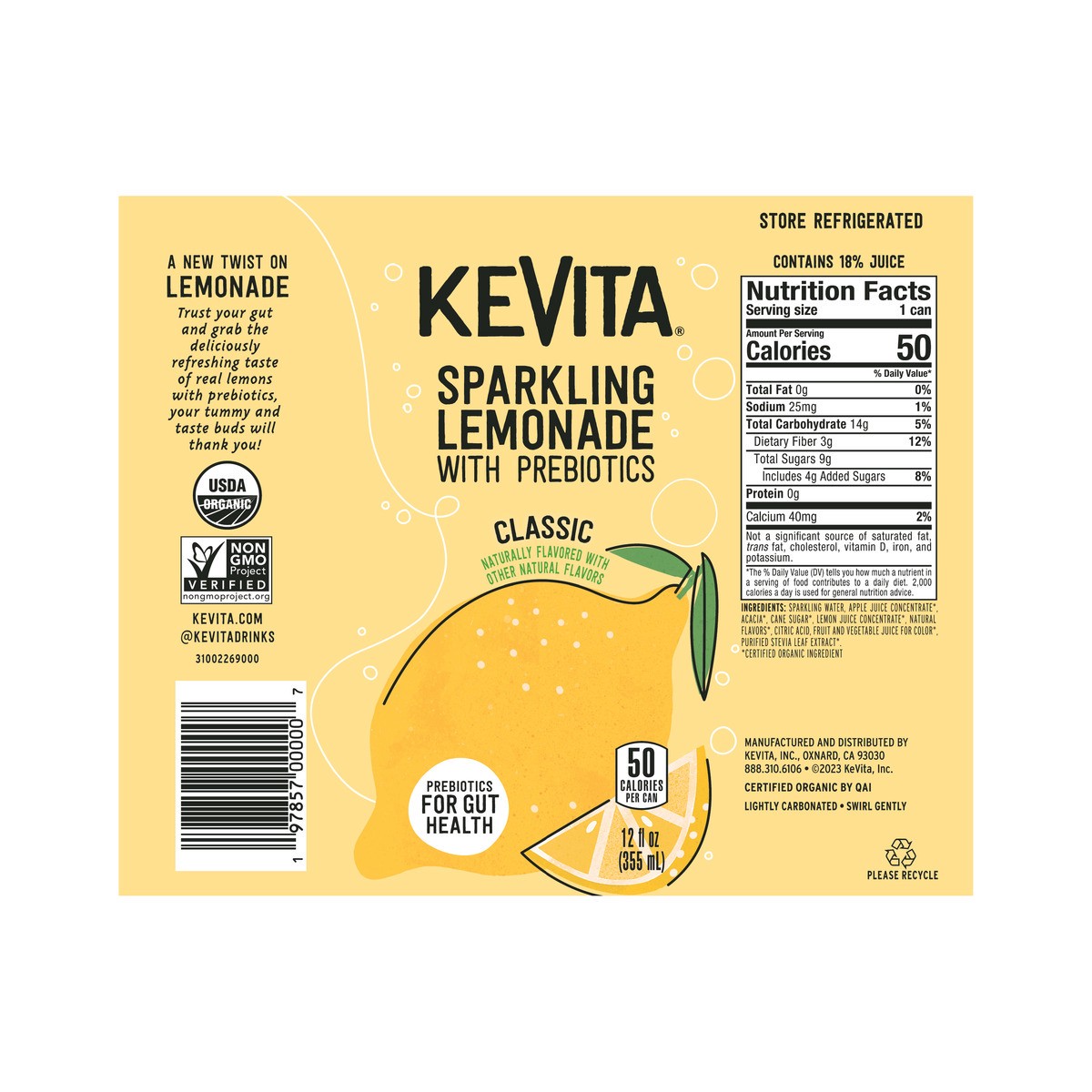 slide 2 of 8, KeVita USDA Organic Probiotic Classic Lemonade Fruit Juice, 12 Fl Oz, Can, 12 fl oz