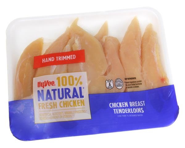 slide 1 of 1, Hy-Vee Trimmed & Ready Chicken Boneless Skinless Breast Tenders, per lb