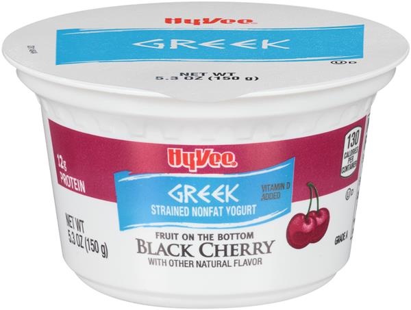 slide 1 of 1, Hy-Vee Fruit On The Bottom Black Cherry Strained Nonfat Greek Yogurt, 5.3 oz