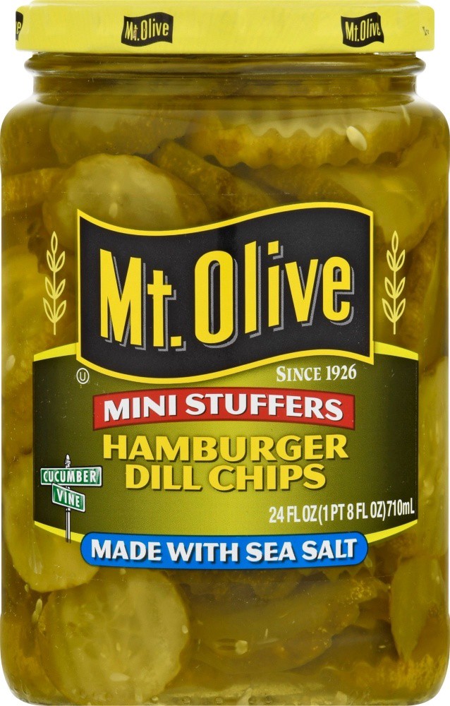 slide 1 of 21, Mt. Olive Mini Stuffers Hamburger Dill Pickle Chips With Sea Salt, 24 fl oz