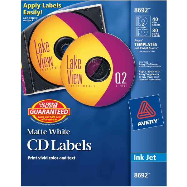 slide 1 of 3, Avery Cd/Dvd Labels, Permanent, 8692, Matte White, Pack Of 40, 40 ct