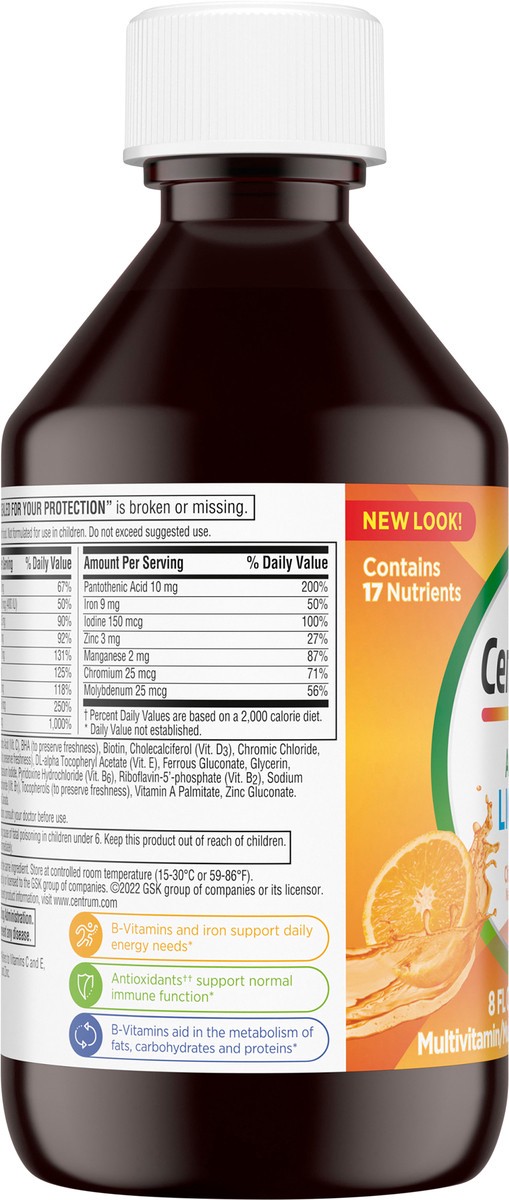 slide 7 of 14, Centrum Liquid Multivitamin for Adults, Multivitamin/Multimineral Supplement with B Vitamins and Antioxidants, Citrus Flavor - 8 Fl Oz, 8 fl oz